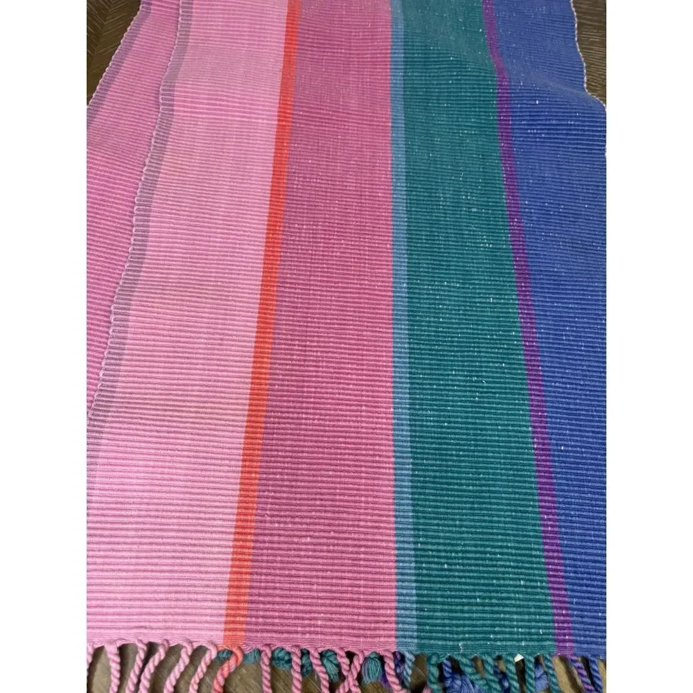 VTG Pier 1 Woven Table Runner Striped Pink Green Blue Purple Fringe Boho 14